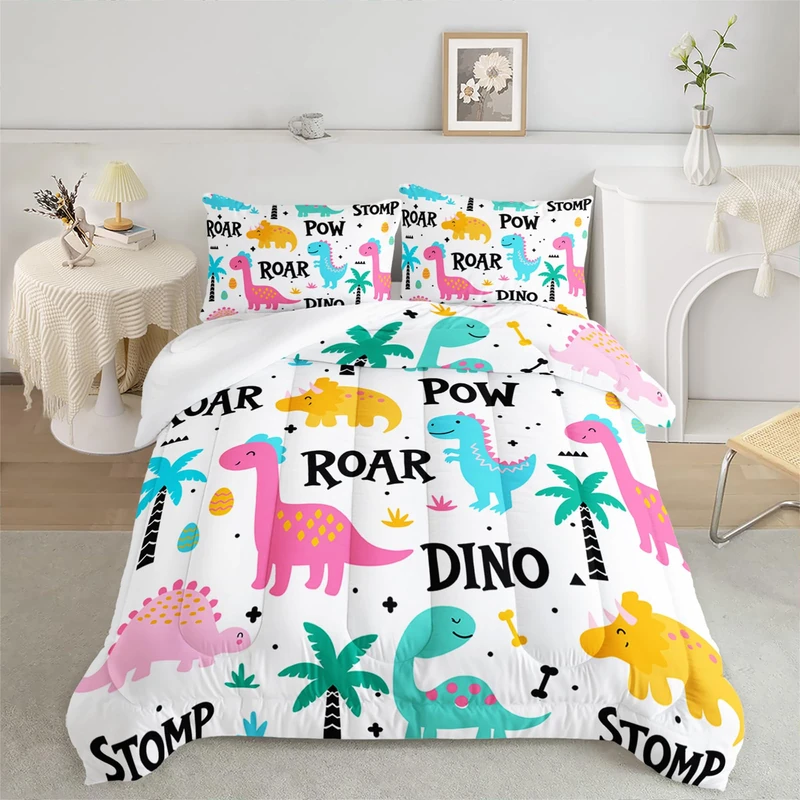 Axolotl Girls Bedding Cartoon Dinosaur Comforter Set Full Size,Cute Dinosaur Bedding Set for Girls Teens Kids Boys Adults Room Decor,Kids Comforter Set All Season,1 Quilt 2 Pillow Cases,White