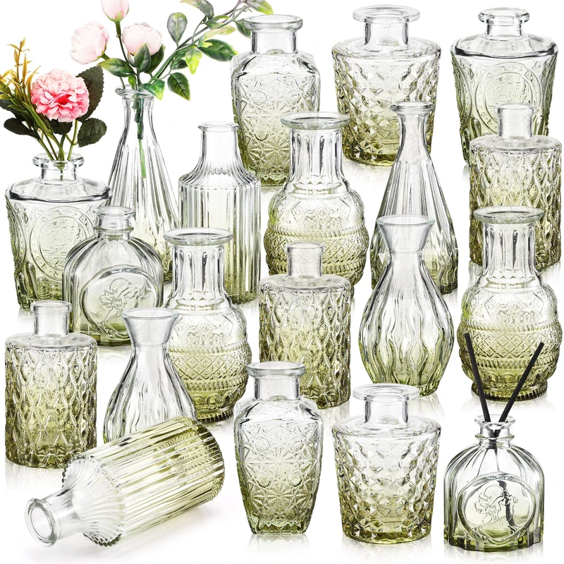 20 Pcs Glass Bud Vase Set Vintage Small Vases for Flowers in Bulk Cute Glass Vases for Centerpieces Rustic Decorative Glass Vase for Wedding Table Home Christmas Decoration (Green)