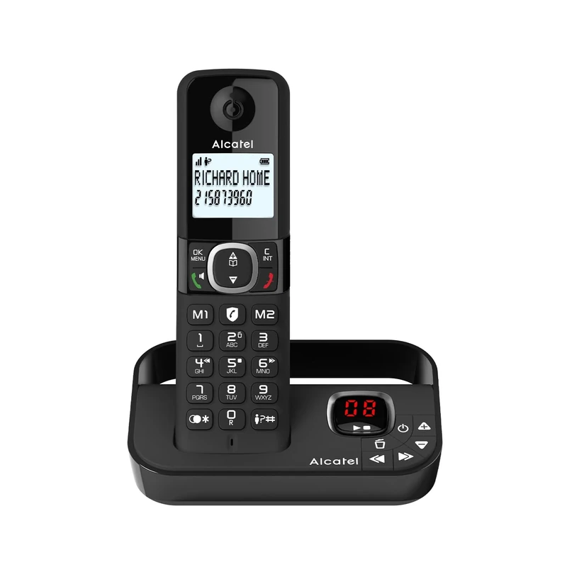 ALCATEL F860 Voice - DECT Cordless Phone With Answering Machine - Large Backlit Display - Handsfree - Call Barring - 2 Direct Memory Keys - Black