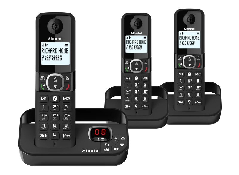 ALCATEL F860 Voice Trio - DECT Cordless Phone With Answering Machine - Large Backlit Display - Loudspeaker - Call Barring - 2 Direct Memory Keys - 3 Handsets - Black