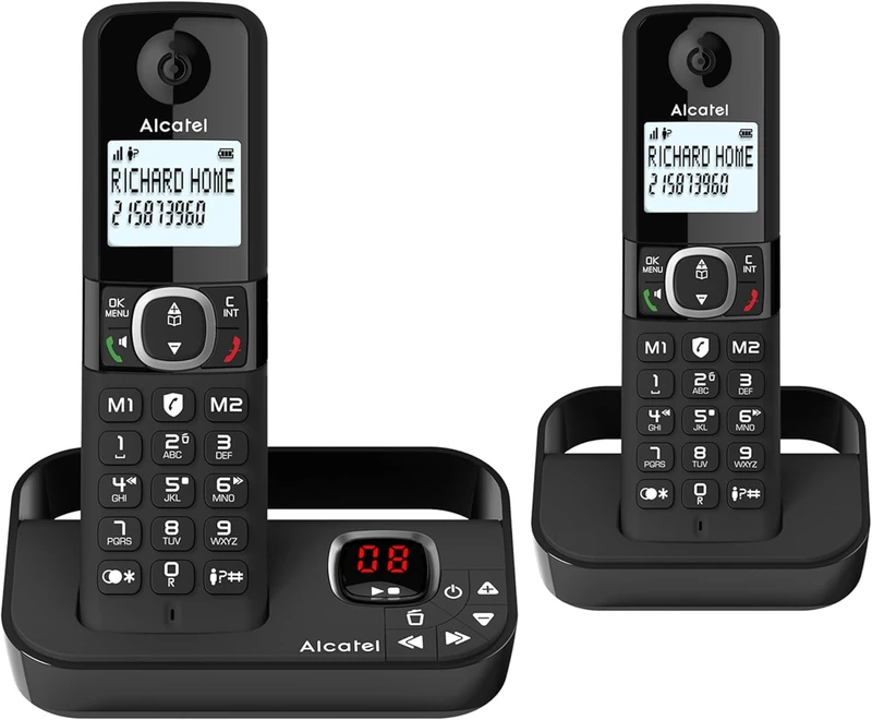 ALCATEL F860 Voice Duo - Cordless Phone DECT With Answering Machine - Large Backlit Display - Handsfree - Call Barring - 2 Direct Memory Keys - 2 Handsets - Black