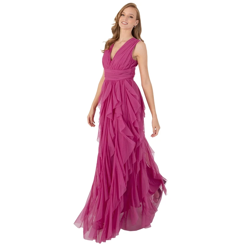 Anaya with Love Women's Maxi for Women Ladies Long Evening Gown V Neck Back Keyhole Ruffle Sleeveless Wedding Dress, Purple, 28 UK