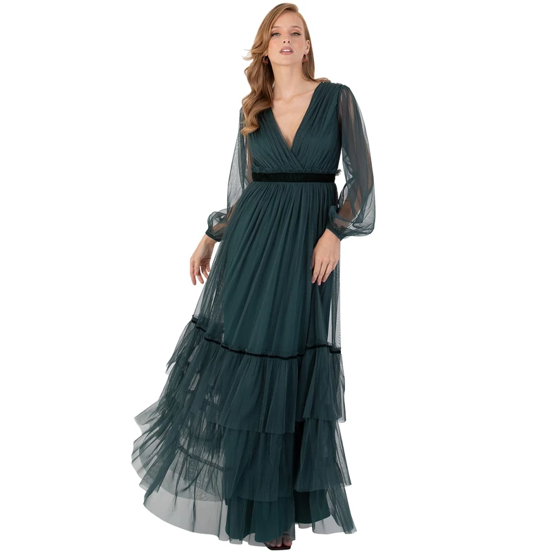 Anaya with Love Ladies Womens Long Dress for New Years Eve V Neckline Faux Wrap Long Sleeve Bishop High Waist Tiered Emerald Green Size 10