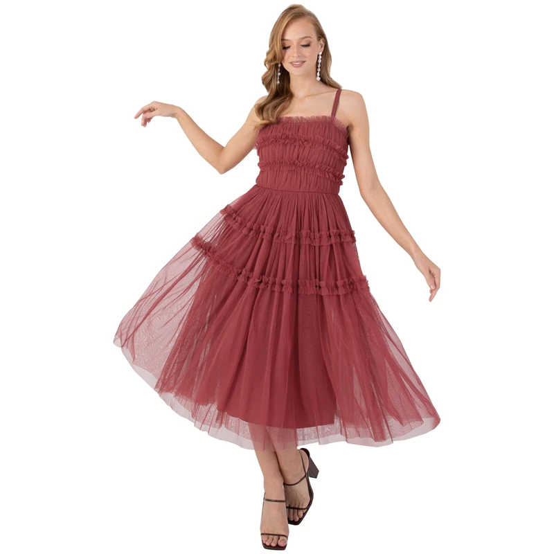 Anaya with Love Ladies Cami Midi Dress for Women Evening Gown Square Neck Strappy Stripes Frilly Tiered for Wedding Guest Prom Ball Red Size 22 - Image 1