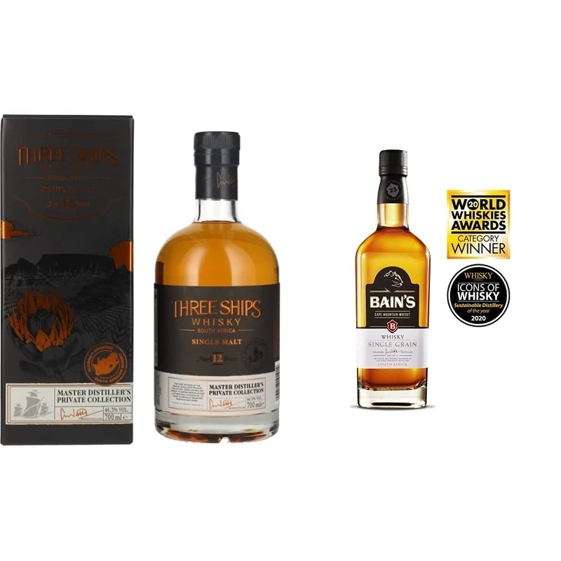 Three Ships 12 Year Old Single Malt Whisky, 700ml & Bains Single Grain South African Whisky, 70 cl