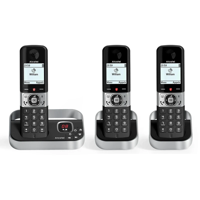 ALCATEL F890 Voice Trio - Cordless Phone DECT With Answering Machine - High Resolution Graphical Display - Handsfree - Call Barring - VIP Ringtone - 50 Min Answering Machine - 3 Handsets - Black/Grey