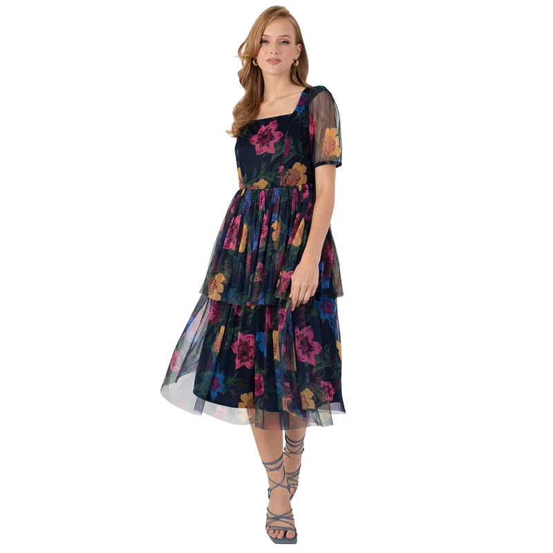 Anaya with Love Women's Womens Ladies Midi Dress for Wedding Guest Floral Puffed Short Sleeve Tiered Open Back Square Neckline Bridesmaid Prom Dress, Floral, - Image 1