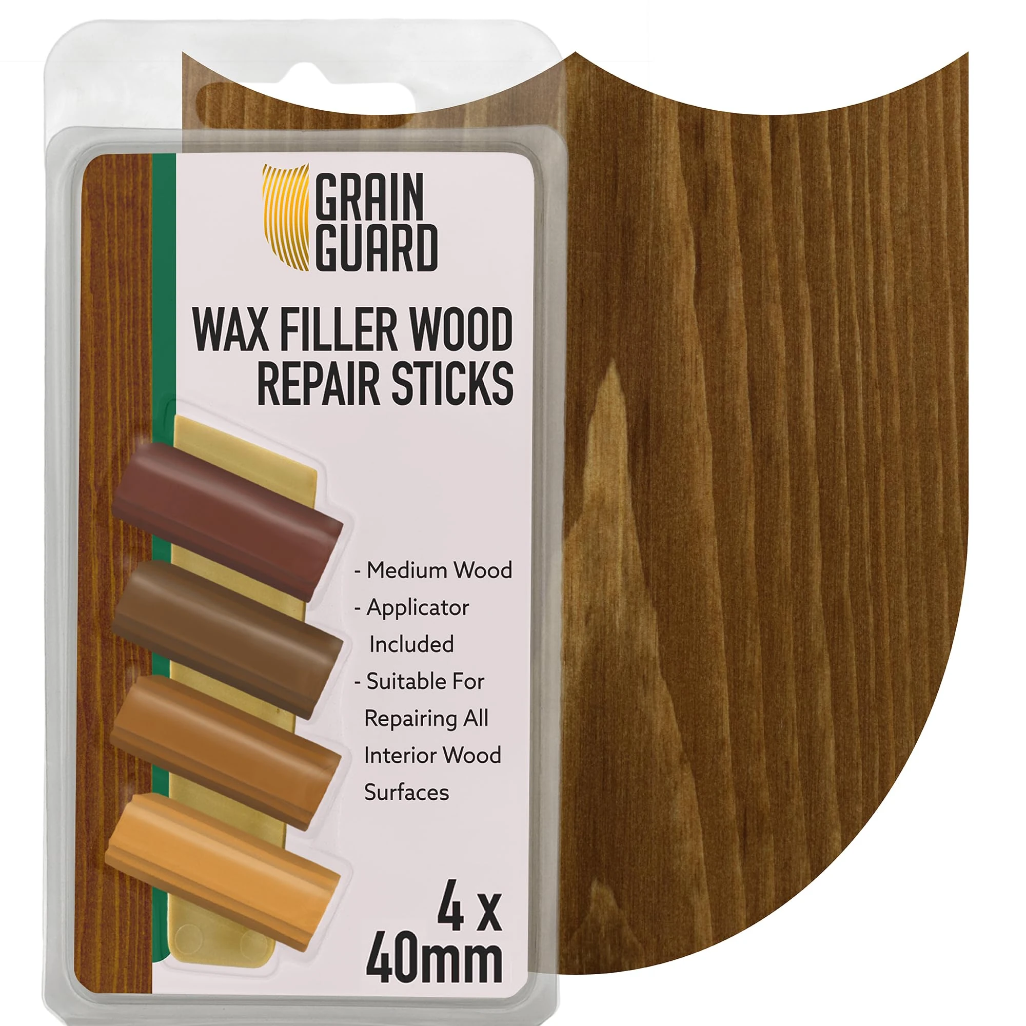 GRAIN GUARD Wax Filler Wood Repair Sticks | Medium Wood | Furniture Repair Kit | Multi-Surface: Wood, Plastic, Hard Surfaces | Blend to Colour Match | 4x40mm