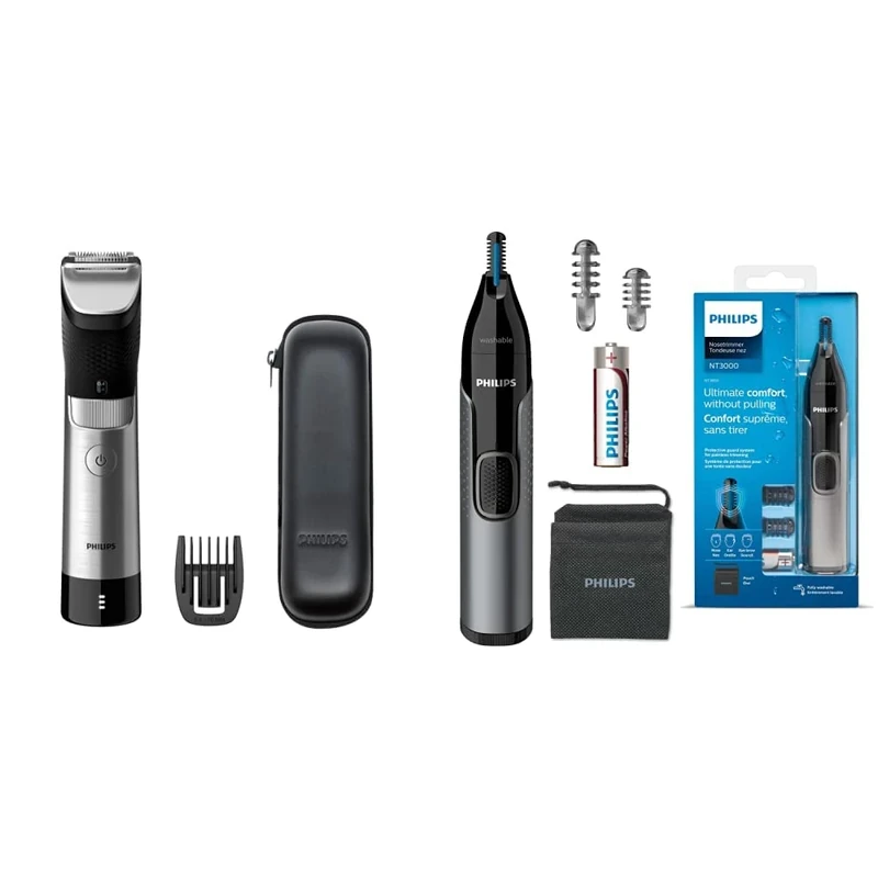 Philips Beard & Trimmer for Men, 9000 Prestige, 20 Length Settings, SteelPrecision Blades, UK 3-Pin Plug- BT9810/13 & Series NT3650/16 3000 Battery-Operated Nose, Ear and Eyebrow Trimmer,Grey