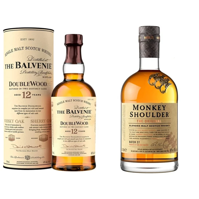 The Balvenie Double Wood 12 Year Old Single Malt Scotch Whisky 70 cl & Monkey Shoulder Blended Malt Scotch Whisky, 70cl