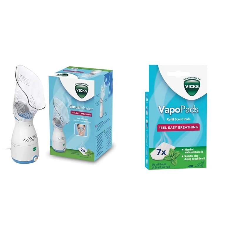 Vicks Sinus Inhaler - Sinus Relief - Ease coughs, colds or Blocked noses - Adjustable steam Control - VH200 & VapoPads Menthol - Scented Pads with Essential Oils - 7 Pack - VH7