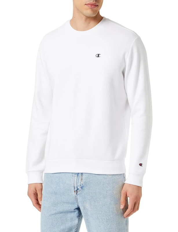 Champion Men’s Crewneck Sweatshirt, powerblend plush fleece, with embroidered logo, relax fit, warm and comfortable White