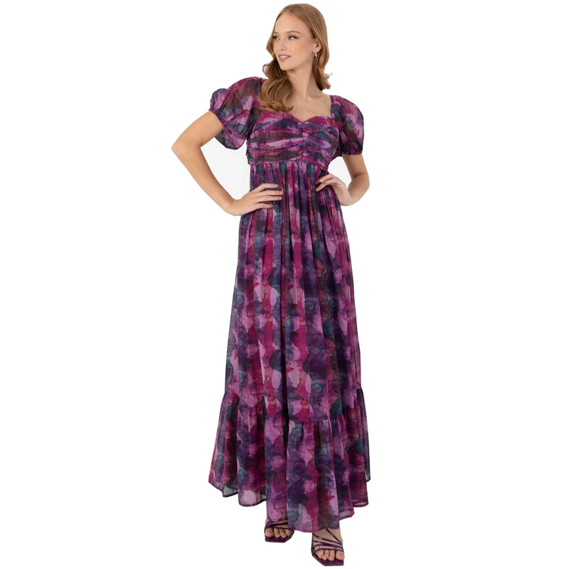 Anaya with Love Ladies Empire Waist Maxi Dress for Women Puffed Short Sleeve Sweetheart Neckline Tiered Long Ruffle for Wedding Guest Purple Size 30