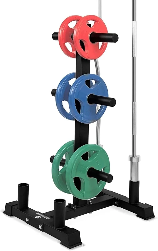 SereneLife 6-Pegs Olympic Weight Plate Rack & 4 Barbells – 363 kg Capacity, Heavy-Duty Gym Organiser, Scratch-Resistant Frame, Powder-Coat Finish, Easy to Assemble, Compact & Space-Saving