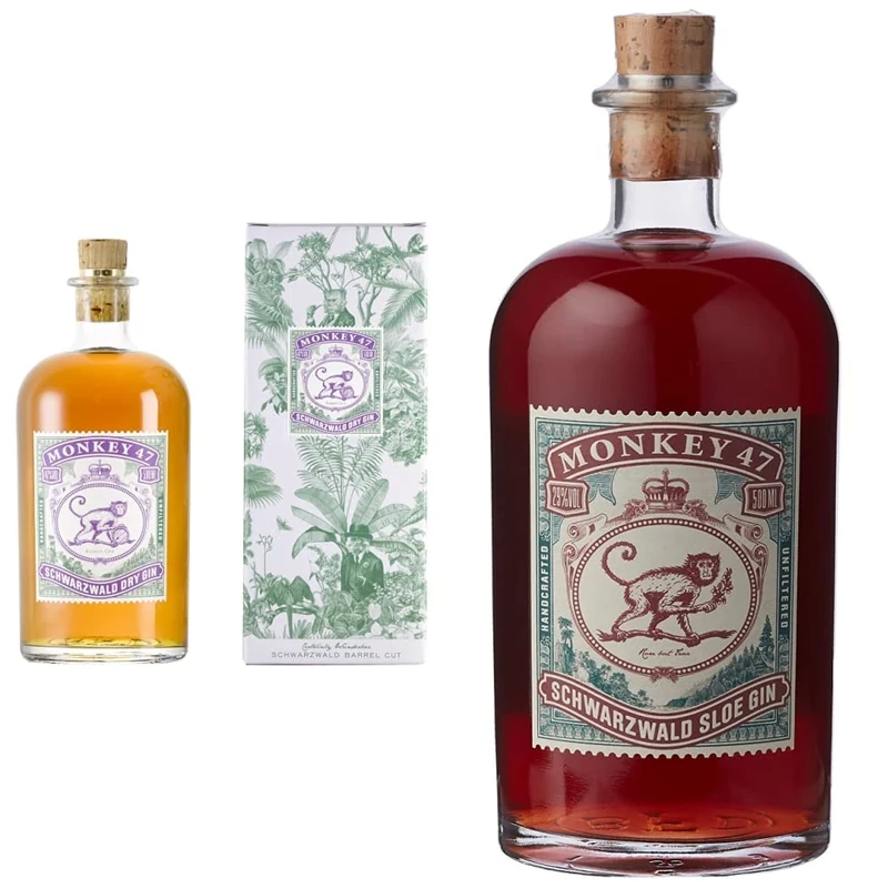 Monkey 47 Barrel Cut Dry Gin, 50cl with Giftbox & Schwarzwald Sloe Gin, 50 cl