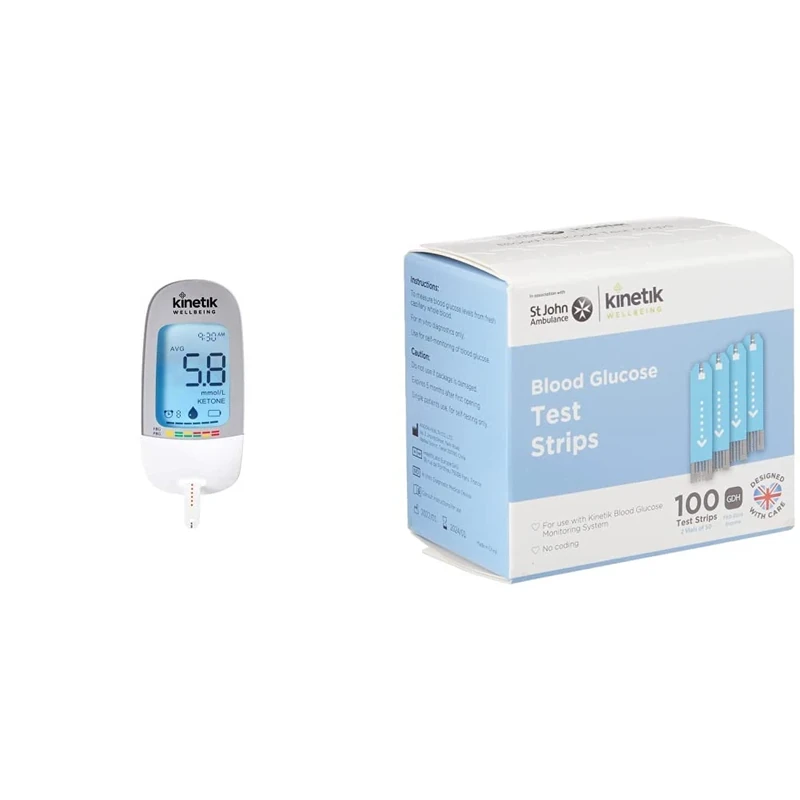 Kinetik Wellbeing Blood Glucose Monitoring System – Used by The NHS – in Association with St John Ambulance – Test Strips & Lancets Available on Prescription & Blood Glucose Test Strips