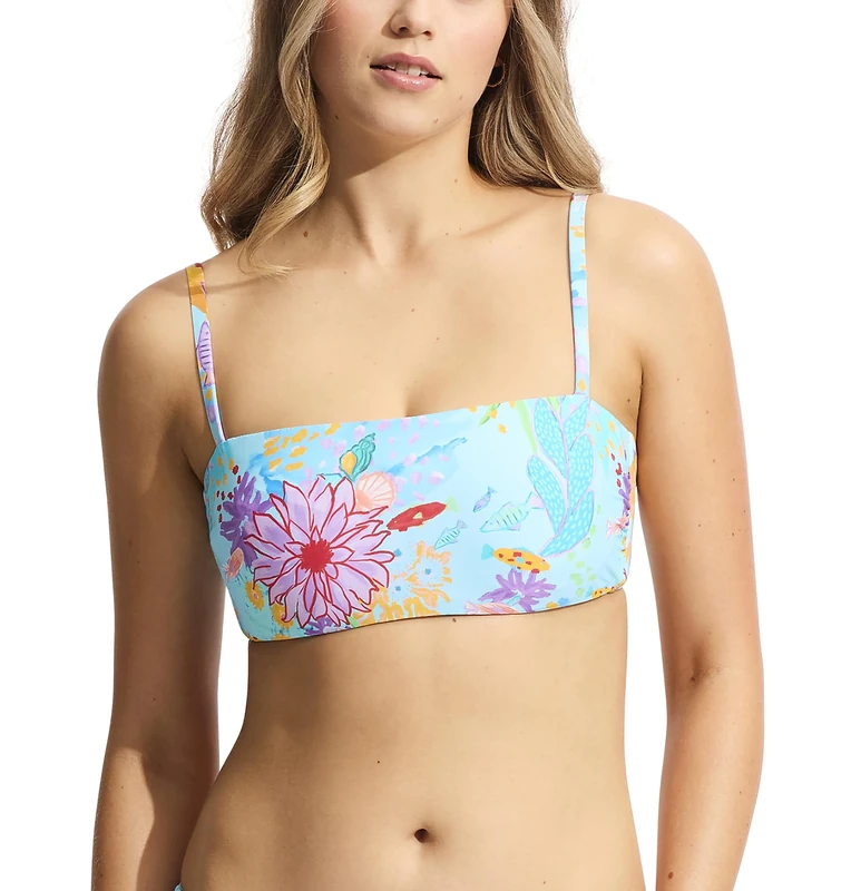 Seafolly Women's Dd Cup Bandeau Bikini Top Swimsuit with Straps, Under the Sea Blue Mist, 12
