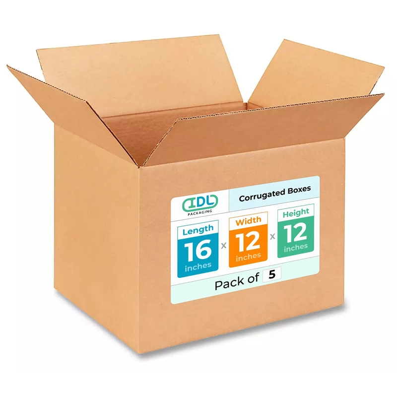 IDL Packaging Medium Corrugated Moving Boxes 16"L x 12"W x 12"H (Pack of 5) - Excellent Choice of Sturdy Packing Boxes for USPS, UPS, FedEx Shipping - Easy-to-Recycle Cardboard Boxes for Packaging