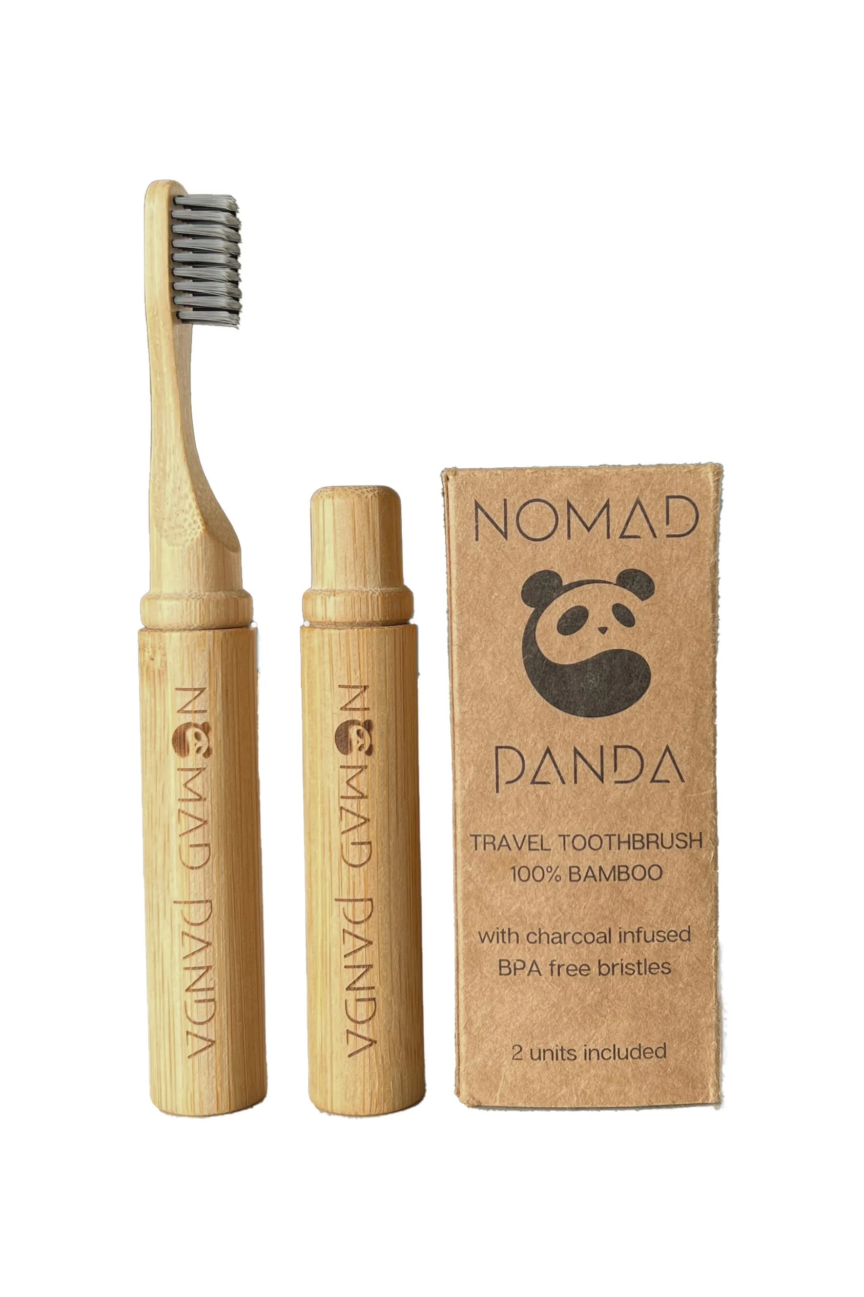 Nomad Panda Bamboo Travel Toothbrush Set, Charcoal Natural Bristle Toothbrush, Set of 2 Bamboo Tooth Brushes, Toothbrush Travel Case, Portable Toothbrush, Dental Brush