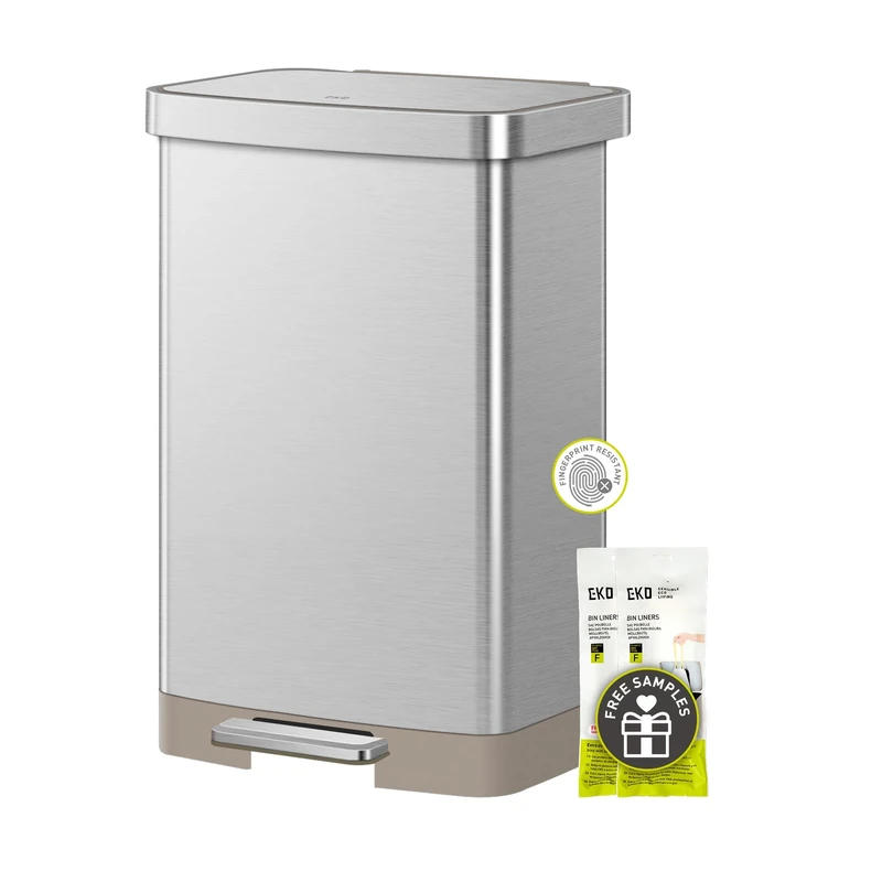 EKO Hudson Matte Stainless 50 Liter/13.2 Gallon Step Trash Can with Rear Trash Bag Storage Compartment