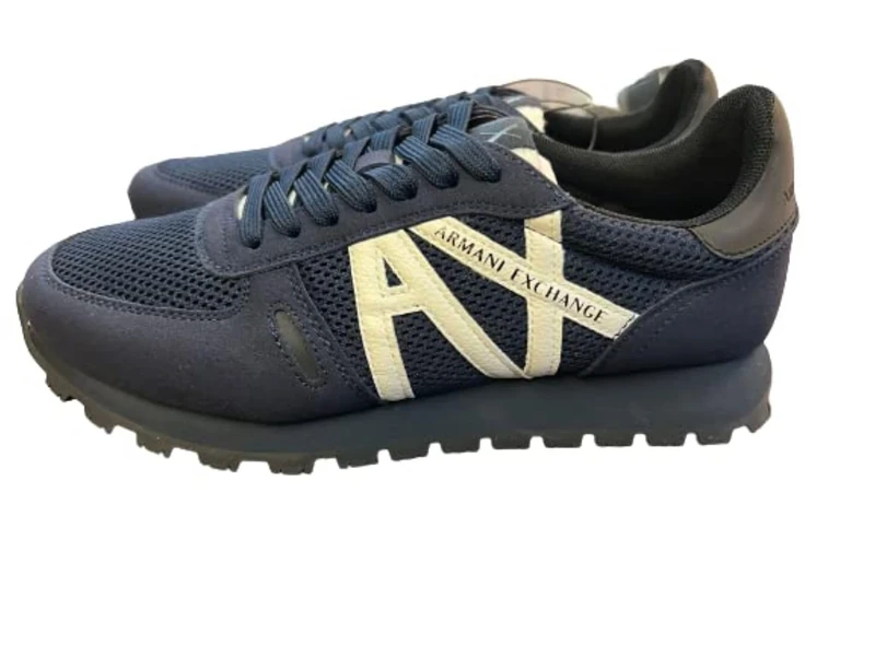 Armani Exchange Men's Openwork Side, Contrast Logo, Microsuede Inserts Sneaker, Blue, 10 UK