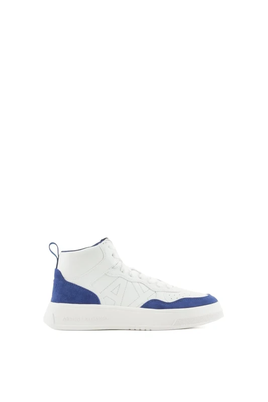 Armani Exchange Women's Comfort Fit, Cow Suede, Side Sewn Logo Sneaker, White Blue, 2.5 UK