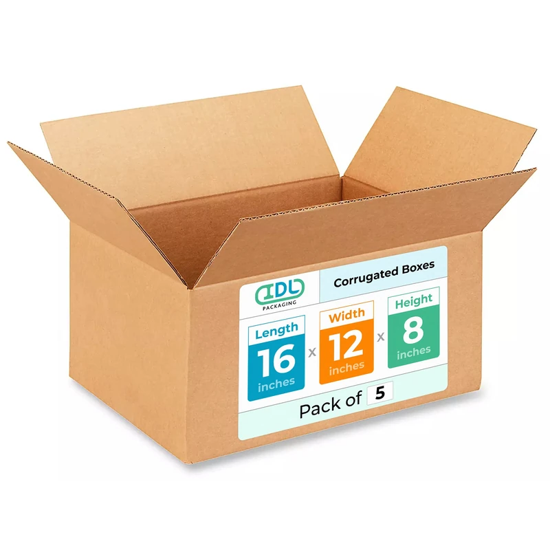 IDL Packaging Medium Corrugated Moving Boxes 16"L x 12"W x 8"H (Pack of 5) - Excellent Choice of Sturdy Packing Boxes for USPS, UPS, FedEx Shipping - Easy-to-Recycle Cardboard Boxes for Packaging