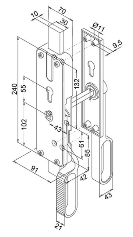 FUHR TF1199L Double Lever Lock + Cylinder Left
