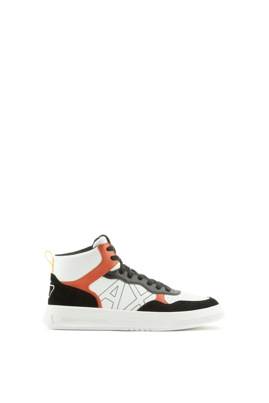 Armani Exchange Men's Side Sewn Logo, Cow Suede Details, high top Sneaker, Black/Orange, 7.5 UK