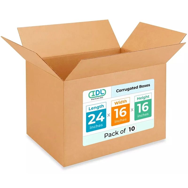 IDL Packaging Large Corrugated Moving Boxes 24"L x 16"W x 16"H (Pack of 10) - Excellent Choice of Sturdy Packing Boxes for USPS, UPS, FedEx Shipping - Easy-to-Recycle Cardboard Boxes for Packaging