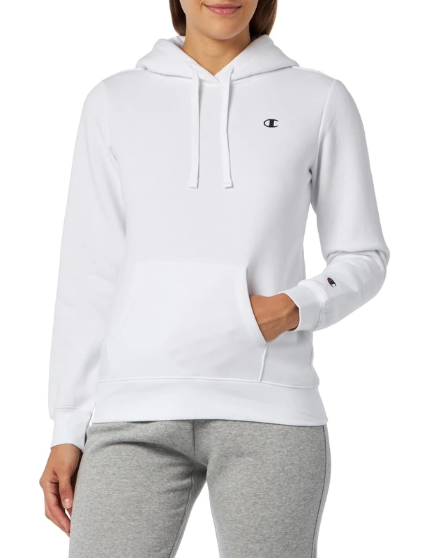 Champion Women's Fleece Hoodie Sweatshirt, powerblend light fleece, rib cuffs and hem, kangaroo pocket and adjustable drawcord hoodie, printed logo, regular fit White