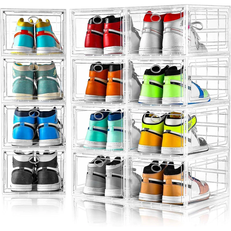 Amllas 12 Pack Clear Shoe Boxes Stackable,Shoe Storage Boxes for Closet,Sturdy Shoe Box Storage Containers with Clear Door,Sneaker Storage,Easy to Assemble,Fit up to US Size 12(13.8”x 9.84”x 7.1”)