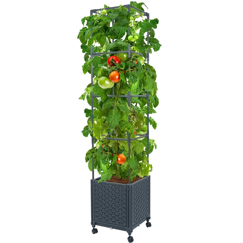 Linex Mobile Planter Box w/Trellis Self-Watering Raised Garden Bed for Vine Climbing Plants Flowers Tomato Cage for Indoor Outdoors Balcony Patio Yard, 12.4in.*12.4in.*56.69in.