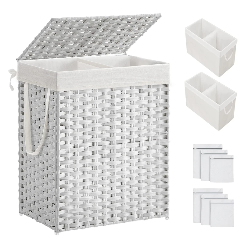 SONGMICS Laundry Hamper with Lid, 90L Clothes Hamper with 2 Removable Liner Bags & 6 Mesh Bags, Wicker Laundry Basket, Double Laundry Hamper for Bathroom, 13 x 18.1 x 23.6 Inches, White ULCB251W01V1