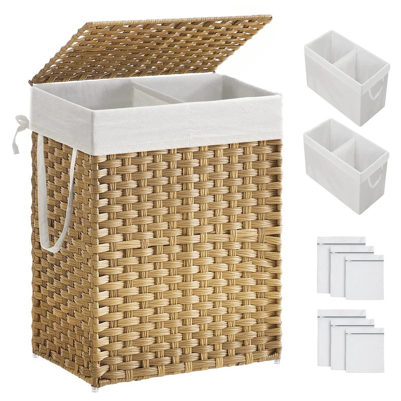 SONGMICS Laundry Hamper with Lid, 90L Clothes Hamper with 2 Removable Liner Bags & 6 Mesh Bags, Wicker Laundry Basket, Double Laundry Hamper for Bathroom, 13 x 18.1 x 23.6 Inches, Natural ULCB251N01V1