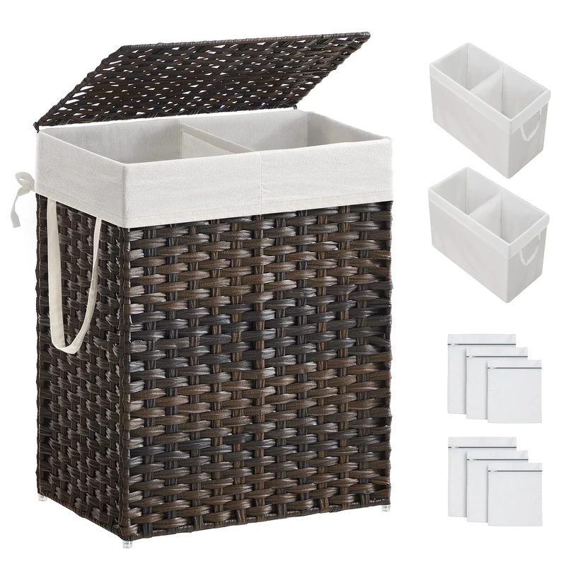SONGMICS Laundry Hamper with Lid, 90L Clothes Hamper with 2 Removable Liner Bags & 6 Mesh Bags, Wicker Laundry Basket, Double Laundry Hamper for Bathroom, 13 x 18.1 x 23.6 Inches, Brown ULCB251K01V1