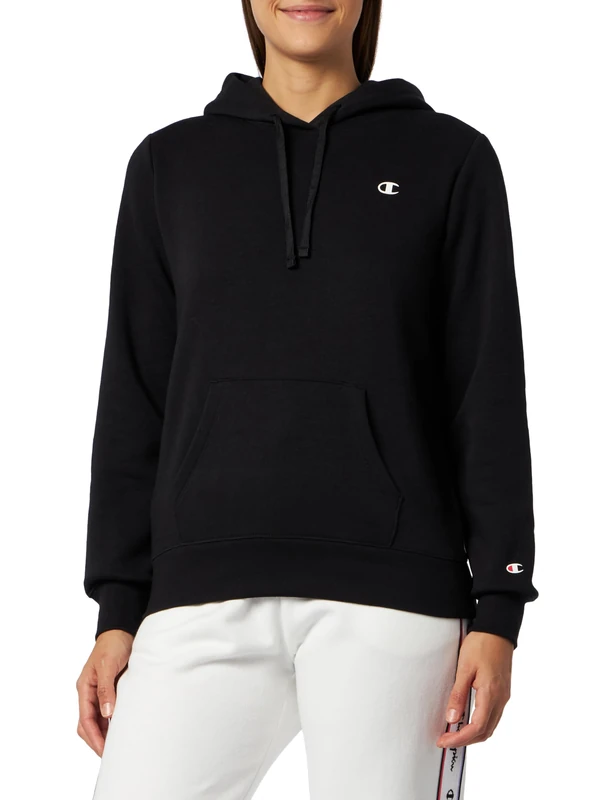 Champion Women's Fleece Hoodie Sweatshirt, powerblend light fleece, rib cuffs and hem, kangaroo pocket and adjustable drawcord hoodie, printed logo, regular fit Black