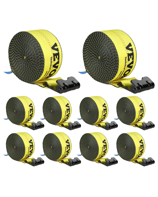 VEVOR Winch Straps, 4" x 30', 6000 lbs Load Capacity, 18000 lbs Break Strength, Truck Straps with Flat Hook, Flatbed Tie Downs Cargo Control for Trailers, Farms, Rescues, Tree Saver, Yellow (10 Pack)