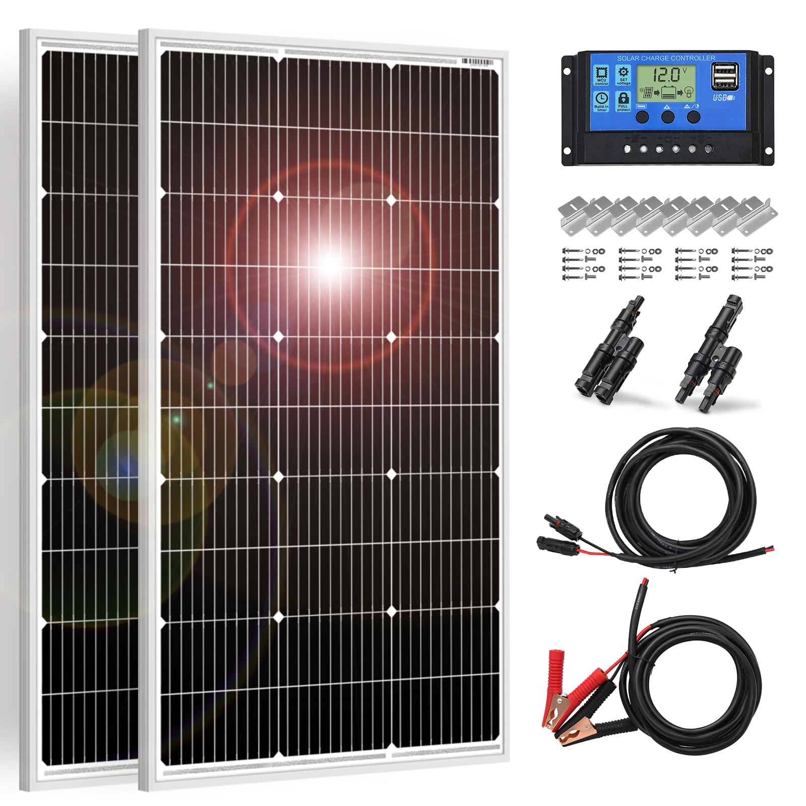 DOKIO 2PC Solar Panel 100W 18V Monocrystalline 200W with 20A Controller