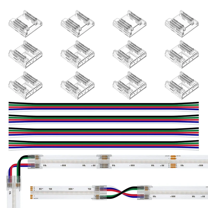 BTF-LIGHTING FCOB RGBW 5pin 12mm Connector kit 12pcs 12mm Transparent Connector 4pcs 15cm long 24AWG Extension Cable Board to Wire/Board for Gapless Soldering and 5pin LED Light Corner Connector