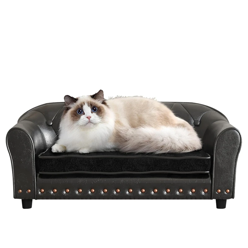 Yoonnie room Dog Couch,Puppy Bed,Cat Sofa,Cat Couch,Pet Sofa,Dog Chair,Small Pet Bed with Copper Nail and Wooden Frame, Leather Fabric and Cushion,for Small Animals Using (Black)