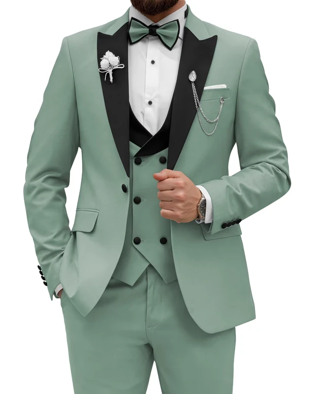 Wangyue Men's Tuxedo Suit 3 Piece Slim Fit Suit for Men Tuxedo for Men Wedding Party Dinner Prom, Dusty Sage, XXL