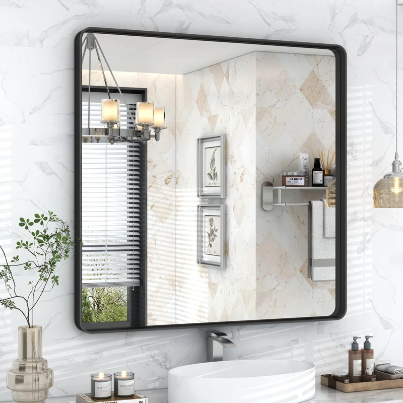 VANLIO 36x36 Inch Square Black Framed Bathroom Mirror for Wall, Matte Framed Bathroom Vanirty Mirror, Rounded Corners Rectangle Mirror, Tempered Glass, Anti-Rust