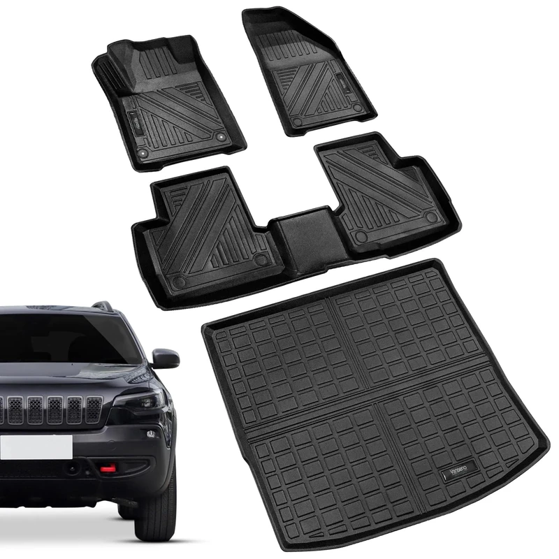 Vanseno Car Floor mats and Cargo Liners Set Black Compatible for 2014-2023 Jeep Cherokee 2Row Floor Mat & Trunk Mats All Weather Rubber Mats Liner (Not Fit Grand Cherokee