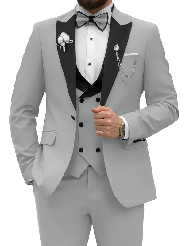 Wangyue Men's Tuxedo Suit 3 Piece Slim Fit Suit for Men Tuxedo for Men Wedding Party Dinner Prom, Sliver Gray, L