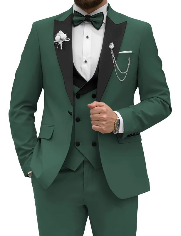 Wangyue Men's Tuxedo Suit 3 Piece Slim Fit Suit for Men Tuxedo for Men Wedding Party Dinner Prom, Dark Green, XL