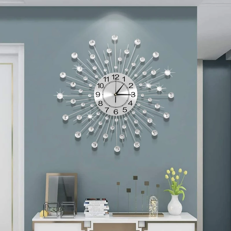 JUGV 24 Inch Crystal Large Modern Metal Starburst Decor, Bling Crystal Wall Clock for Kitchen Office Bedroom Living Room Decorative