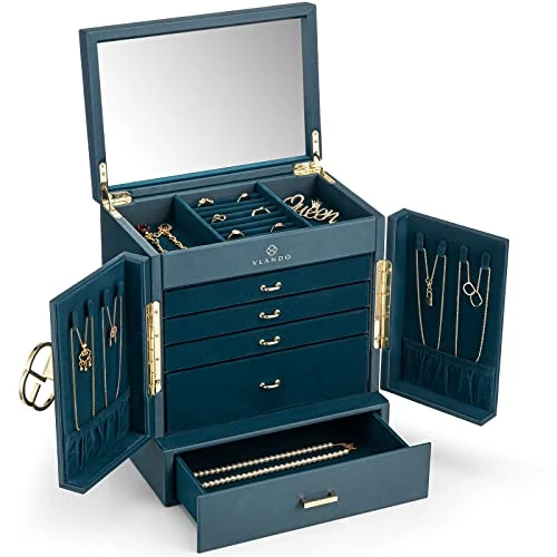 Vlando 6 Layer Jewellery Box, PU Leather Jewellery Organiser with Removable Jewellery Tray for Necklace Earrings Rings Bracelets, Jewellery Storage Display Case for Women Gift, Green