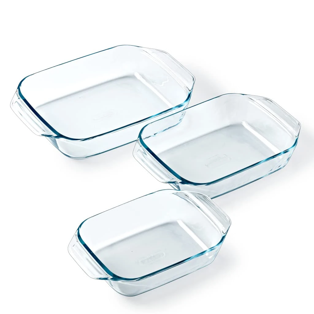 Pyrex - Set of 3 Rectangular Oven Dishes - Ideal for 2 to 6 People - 3 Sizes - Borosilicate Glass - Wide Handles - Extreme Resistance - Dishwasher Safe - Made in France