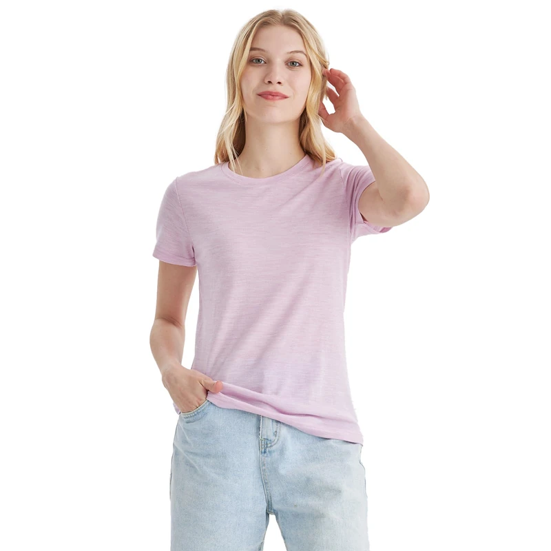 Merino Protect 100% Merino Wool T-Shirt Women Crew Neck Tops Short Sleeve Base Layers for Travel Hiking Tee Pink Heather